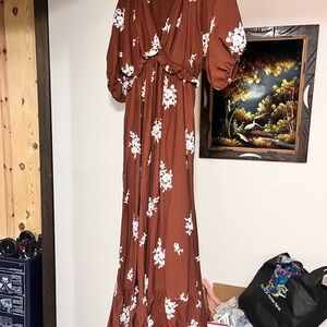 Rust Floral Maxi Dress with White Print